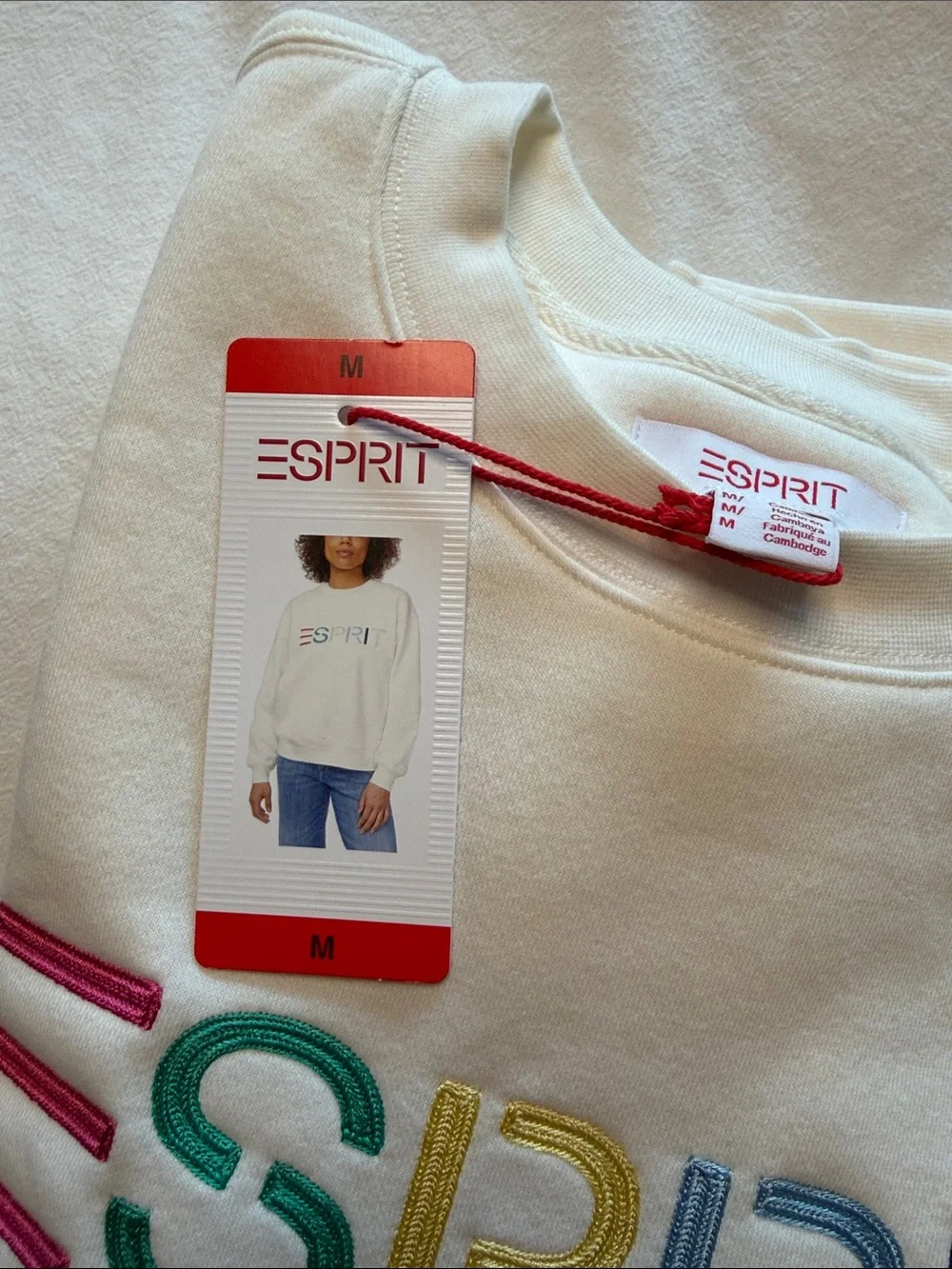 Esprit Costco Women’s Sweatshirt Cream with Rainbow Embroidered Retro Logo